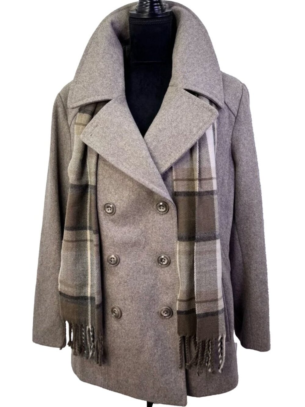 London Fog XL Wool Blend Peacoat w Plaid Scarf Taupe Quiet Luxury